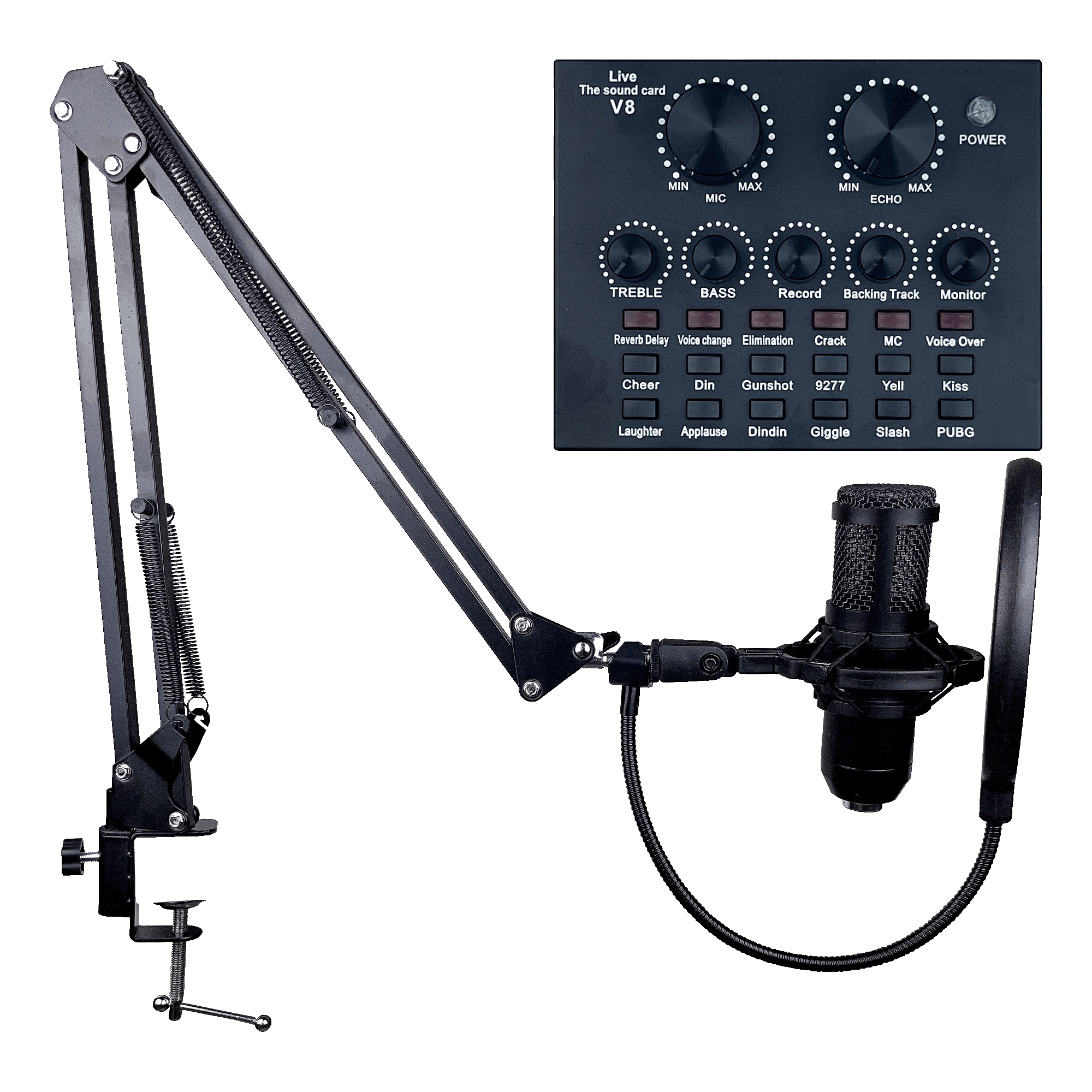 Condenser Microphone Streaming Kit w/ V8 Live Sound Card, Boom Arm, and Pop Filter.