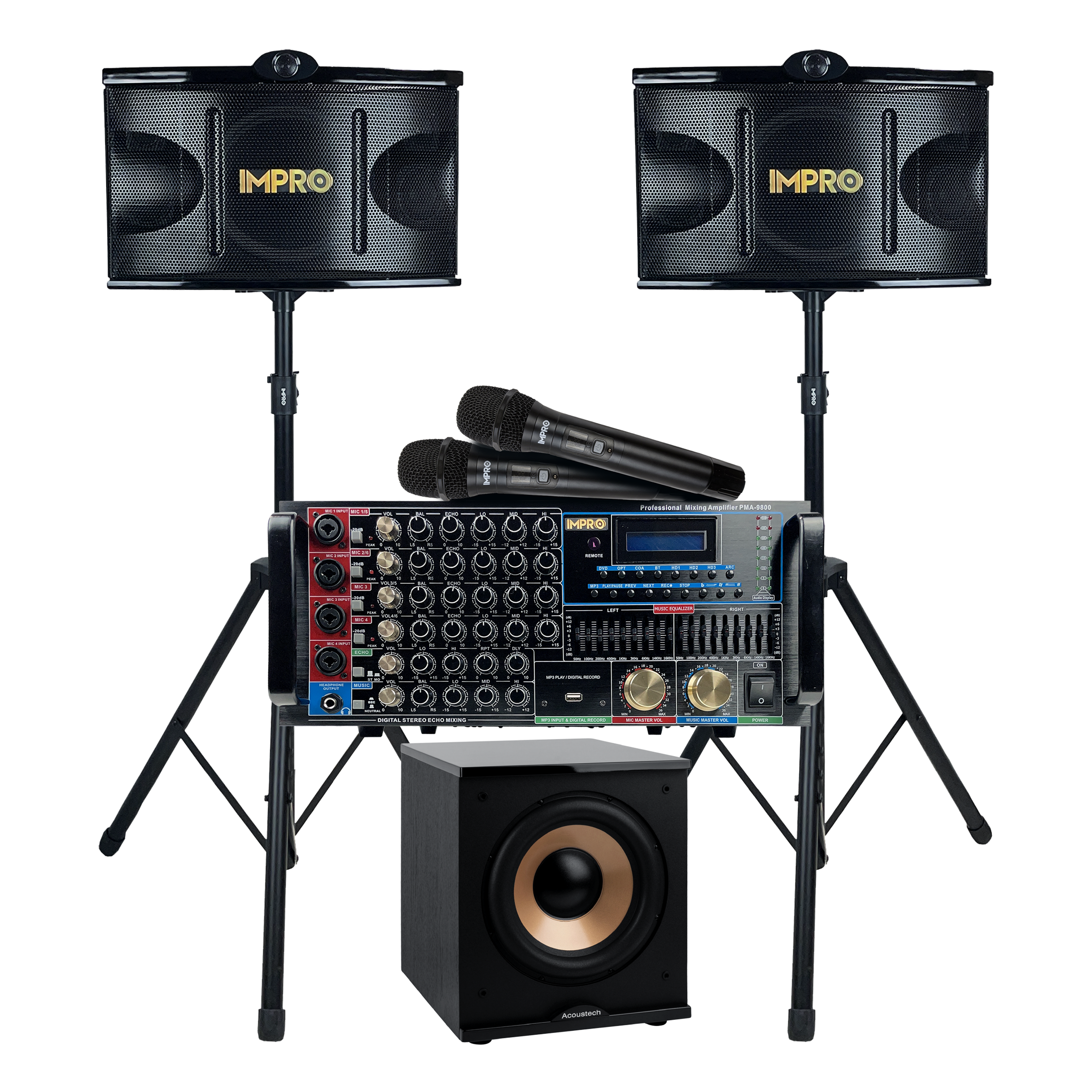 ImPro Epic Party Bundle 1 Plus with Mixing Amplifier, Speakers, Subwoofer, Microphones, and Accessories (6 Items)