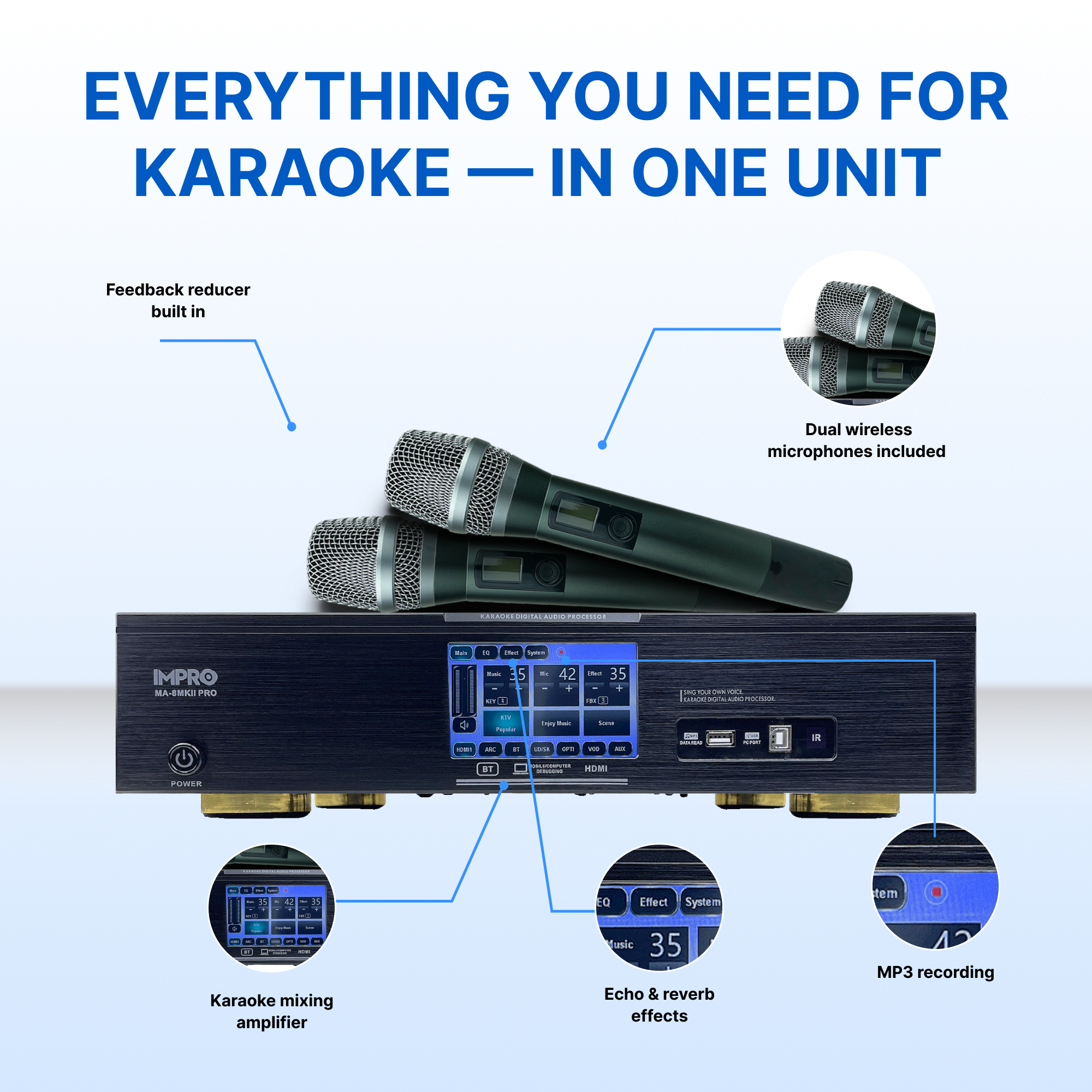 ImPro MA-8MKII 1800W 5-in-1 Karaoke Amplifier: Mixer, Equalizer, Feedback Reducer, and 2 Wireless Mics - Premium Sound for Ultimate Singing Experience