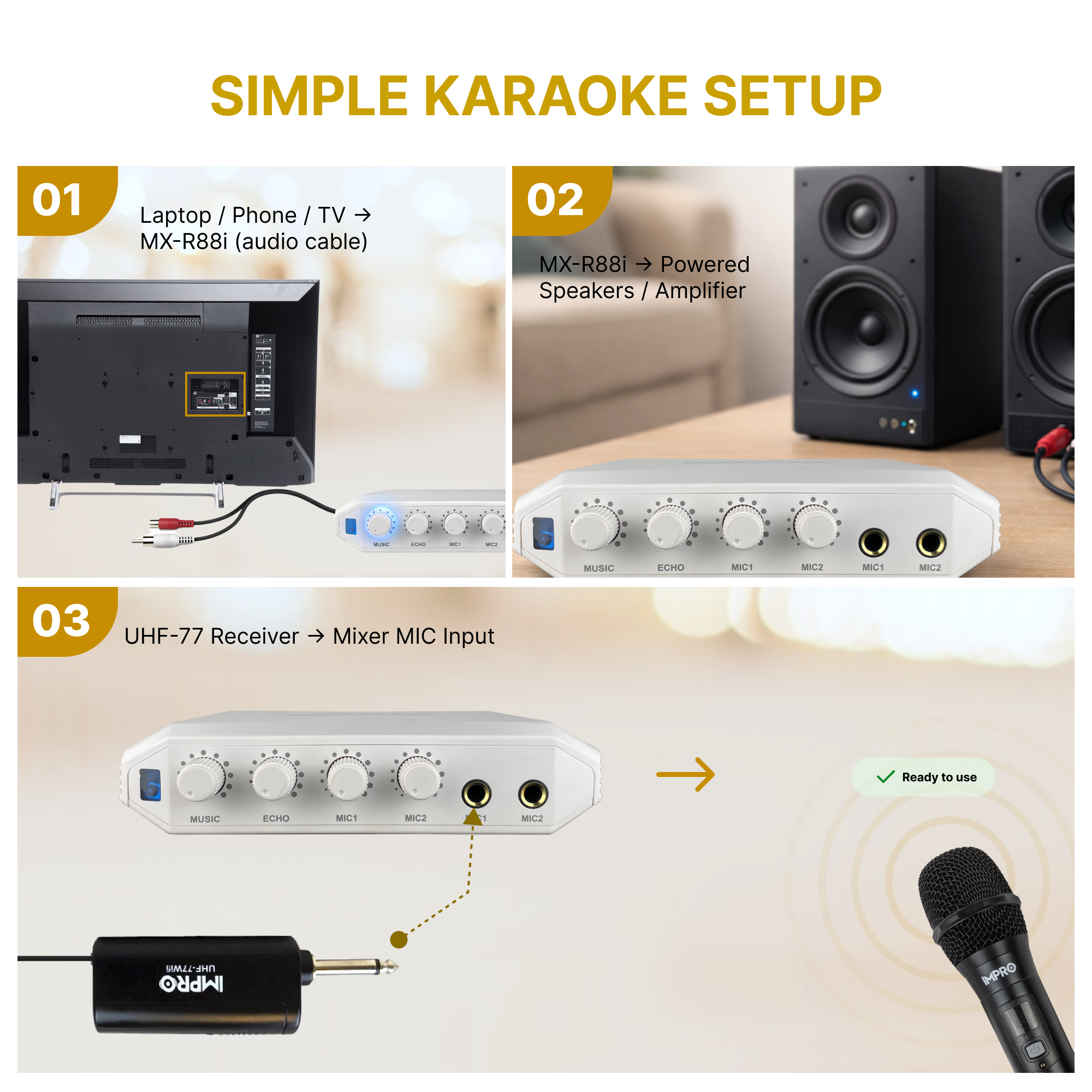 Karaoke Kickstart Bundle: ImPro UHF-77 Wireless Microphone & MX-R88i Compact Mixer