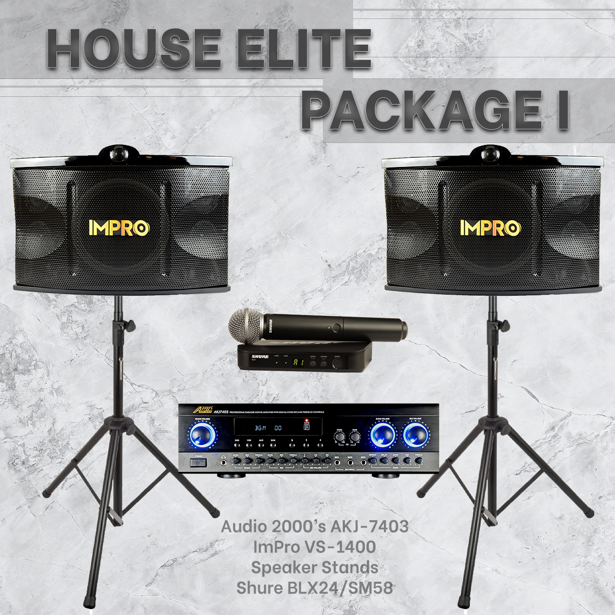House Elite Package #01: Audio2000's AKJ-7403 + ImPro VS-1400 + Stands + Shure BLX Microphones
