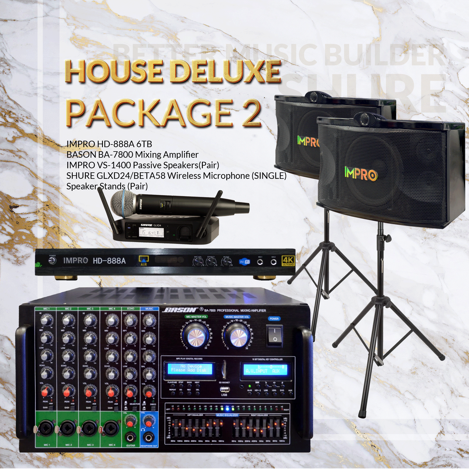 House DLX Package #02: Bason BA-7800 + ImPro VS-1400 + HD-888A + Stands + Shure GLXD Microphone System