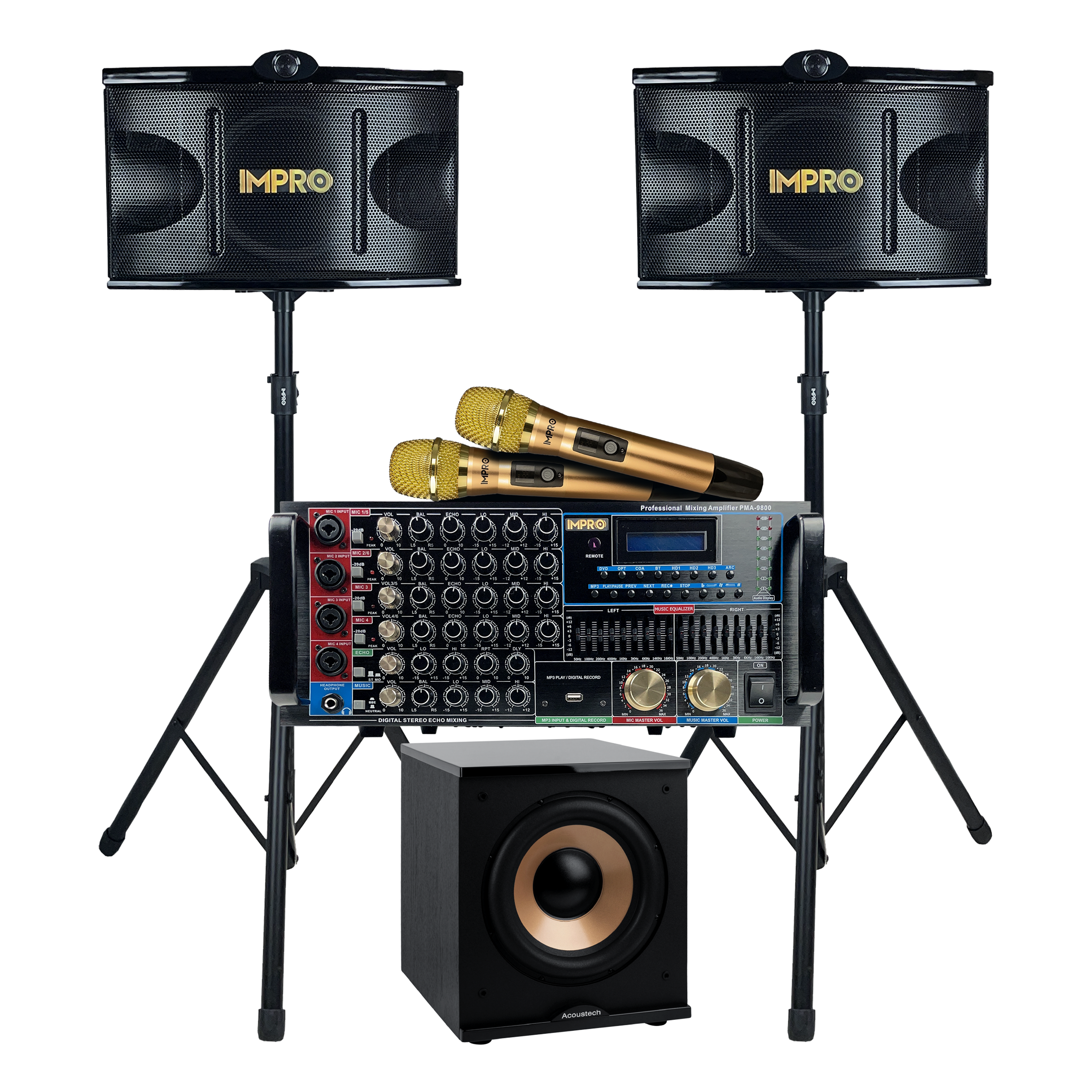 ImPro Epic Party Bundle 2 Plus with Mixing Amplifier, Speakers, Subwoofer, Microphones, and Accessories (6 Items)