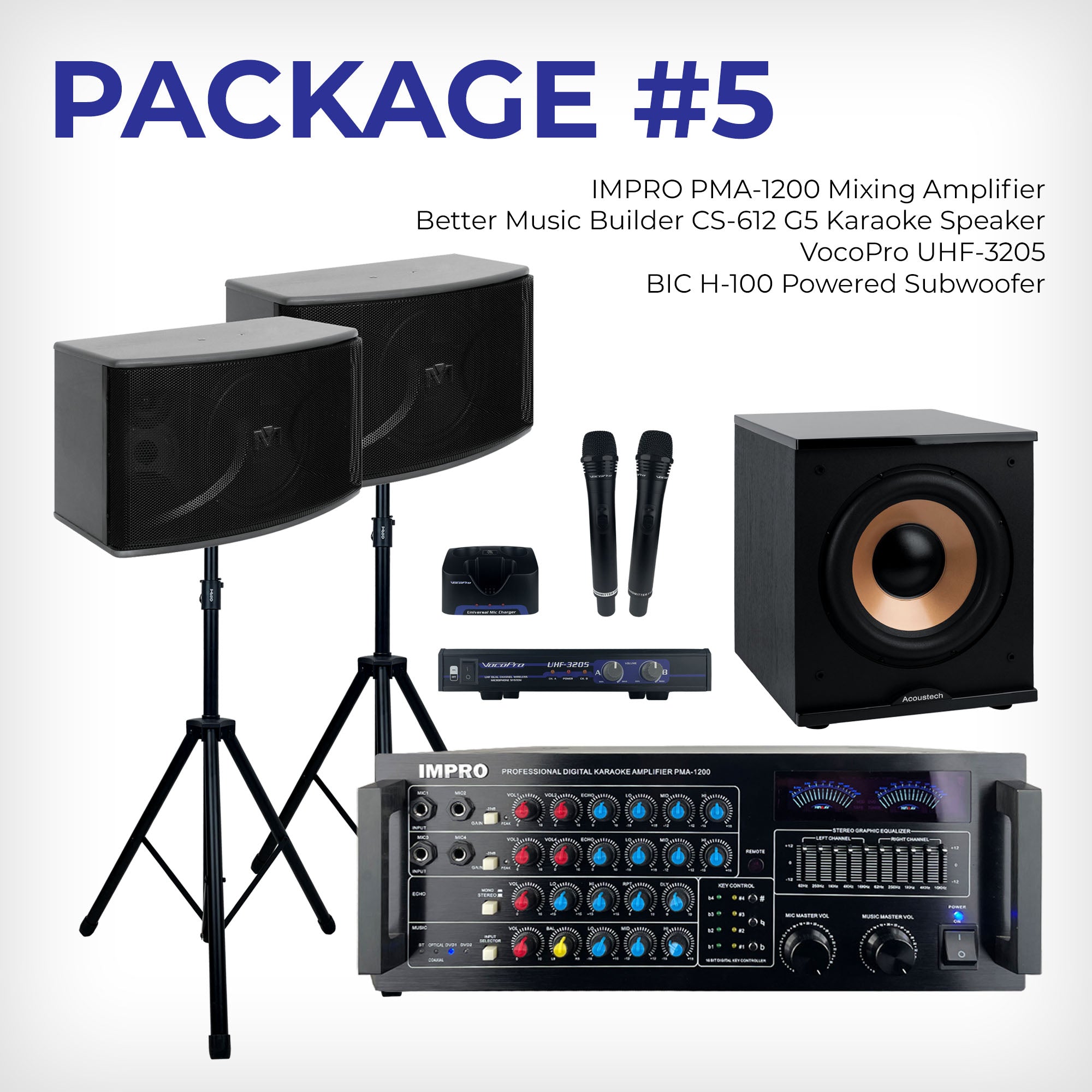 House Party Plus Pack #2: ImPro Amp, BetterMusicBuilder Speakers, Stands, VocoPro Mics & BIC Subwoofer