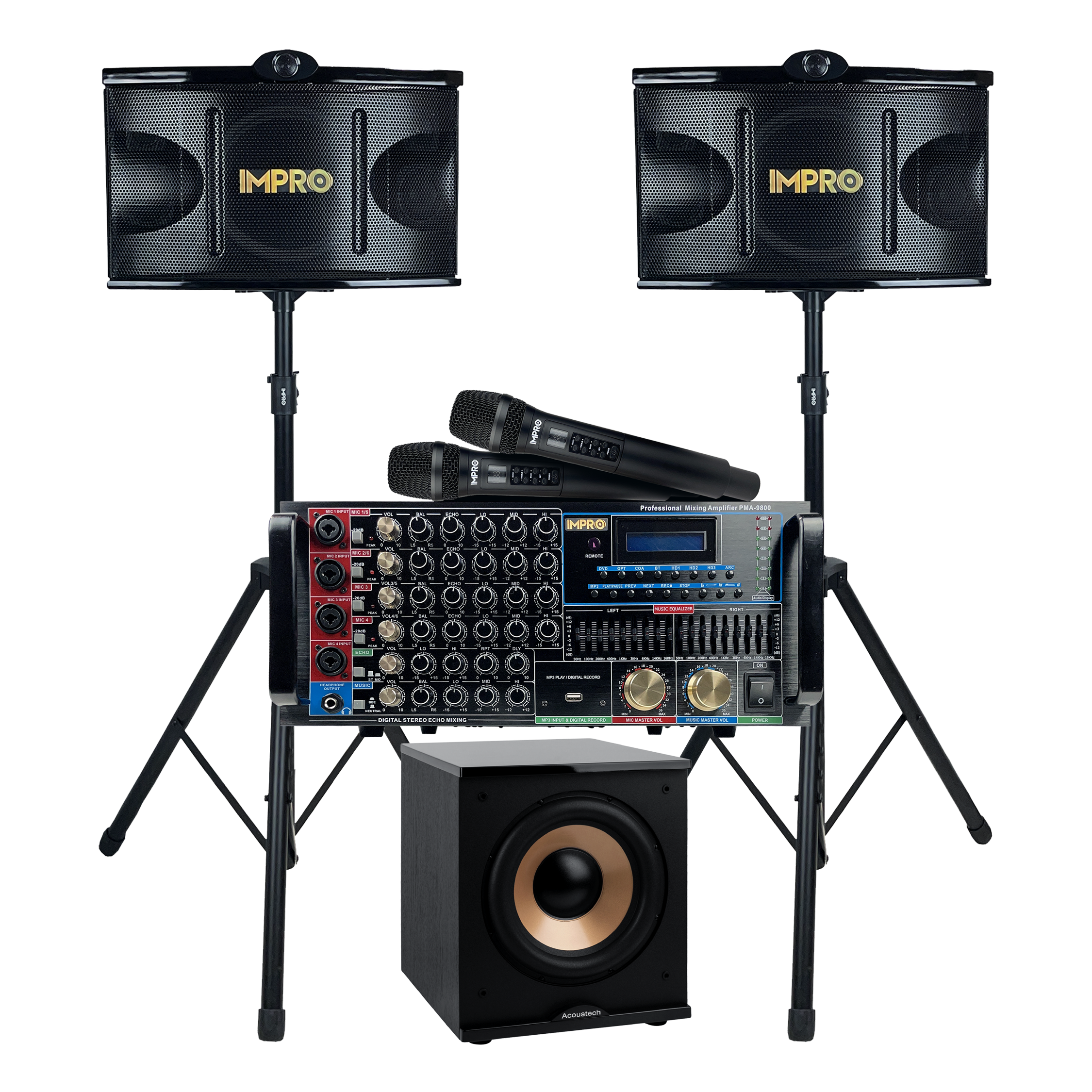 ImPro Epic Party Bundle 3 Plus with Mixing Amplifier, Speakers, Subwoofer, Microphones, and Accessories (6 Items)