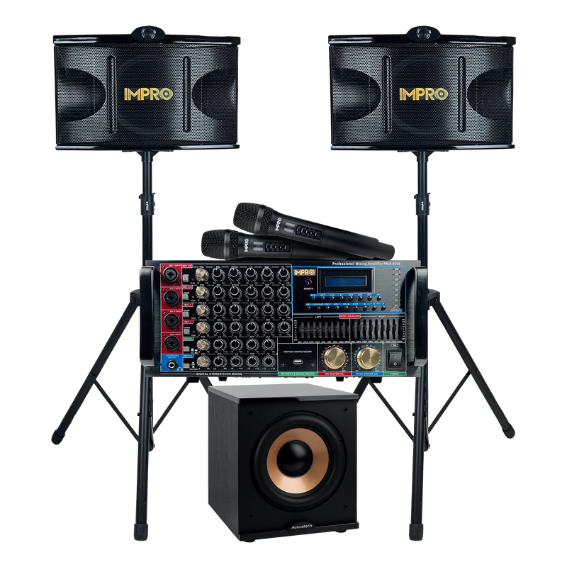 ImPro Epic Party Bundle 3 Plus with Mixing Amplifier, Speakers, Subwoofer, Microphones, and Accessories (6 Items)
