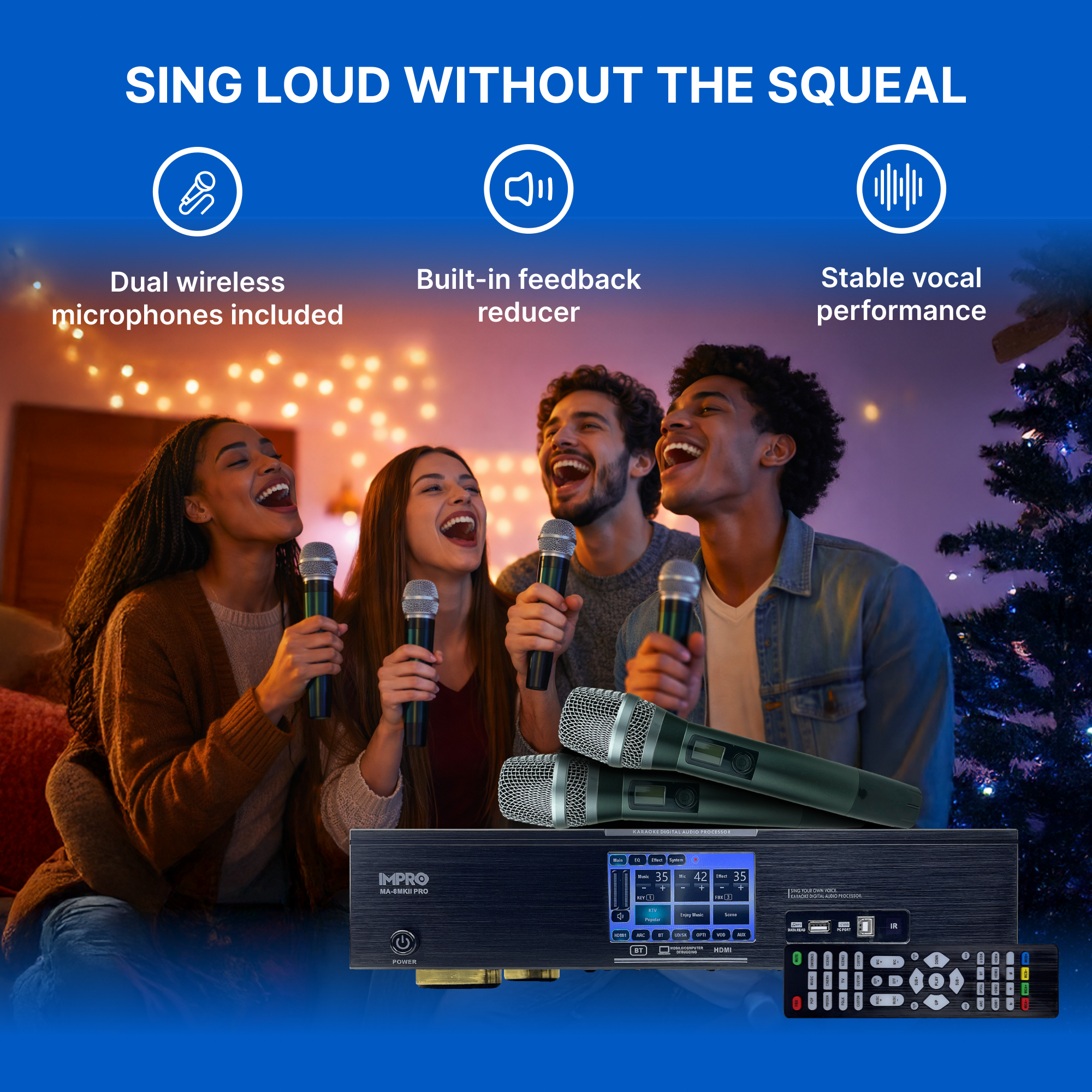 ImPro MA-8MKII 1800W 5-in-1 Karaoke Amplifier: Mixer, Equalizer, Feedback Reducer, and 2 Wireless Mics - Premium Sound for Ultimate Singing Experience