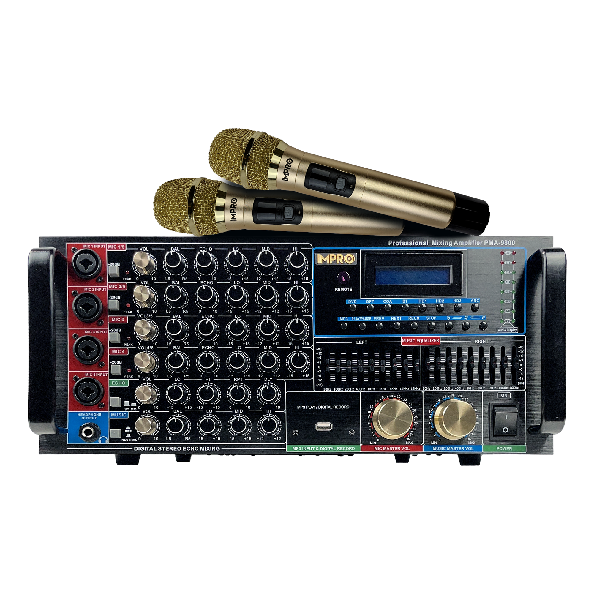 ImPro PMA-9800 1600W Mixing Amplifier Bundle with ImPro UHF-77 Wireless Microphones