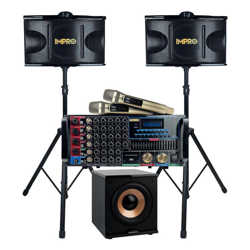 ImPro Epic Party Bundle 3 Plus with Mixing Amplifier, Speakers, Subwoofer, Microphones, and Accessories (6 Items)