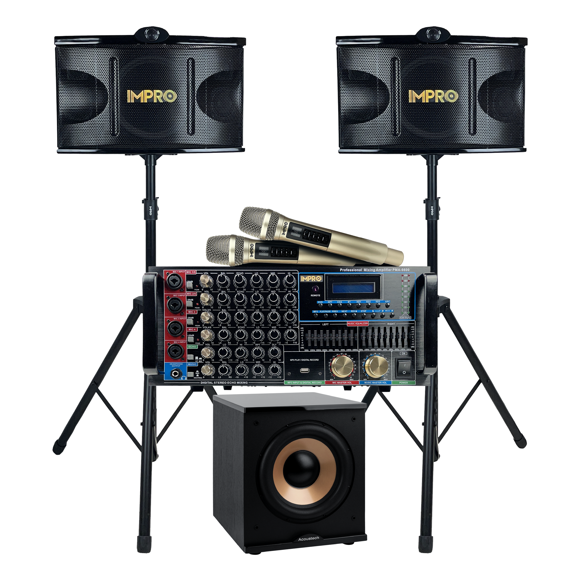 ImPro Epic Party Bundle 3 Plus with Mixing Amplifier, Speakers, Subwoofer, Microphones, and Accessories (6 Items)