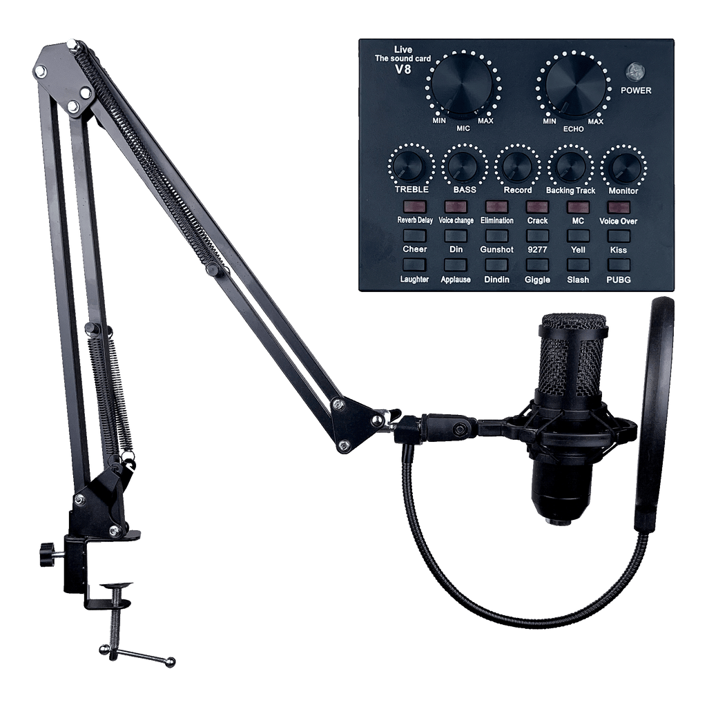 V8 Stream Condenser Microphone Streaming Kit w/ V8 Live Sound Card, Boom Arm, an