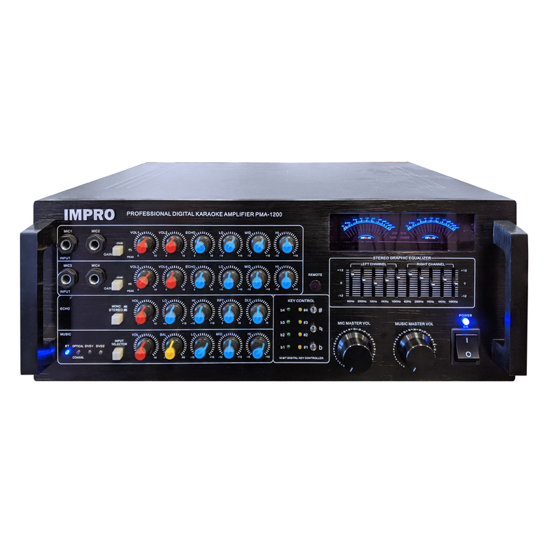 Impro PMA-1200 Karaoke Mixing Amplifier is 1200 Watts of power. Has Bluetooth and Optical Input for Youtube and Smart TV Connection