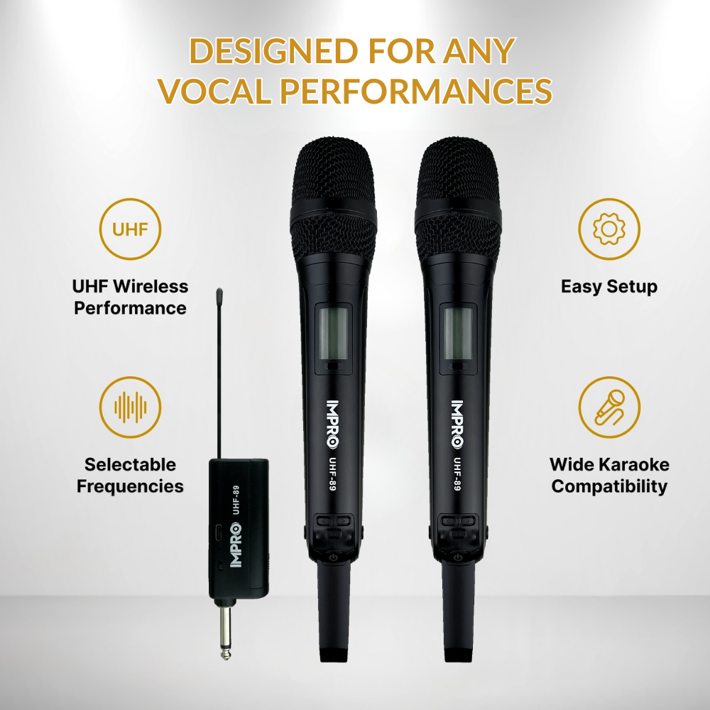 ImPro UHF-89 Dual Wireless Microphones for Karaoke & Events – 20 Selectable Channels, On-Mic Volume Control