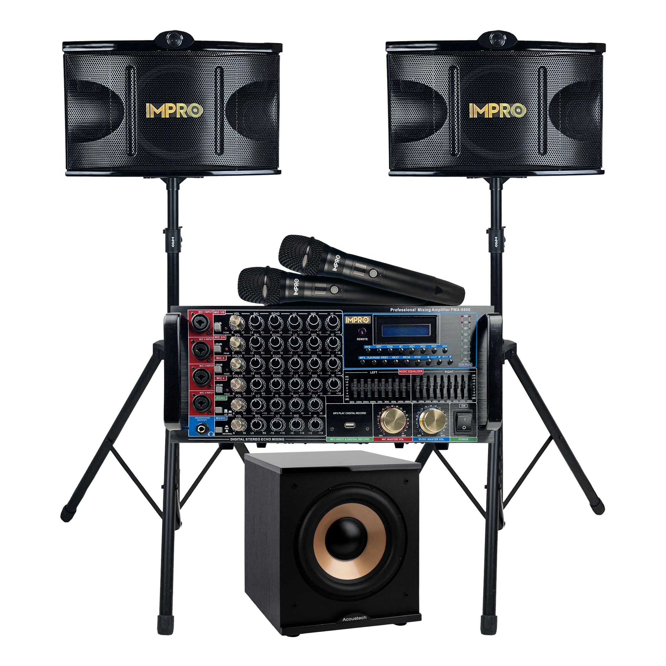 ImPro Epic Party Bundle 2 Plus with Mixing Amplifier, Speakers, Subwoofer, Microphones, and Accessories (6 Items)