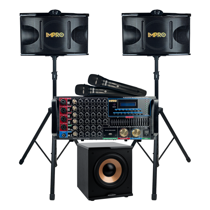 ImPro Epic Party Bundle 2 Plus with Mixing Amplifier, Speakers, Subwoofer, Microphones, and Accessories (6 Items)