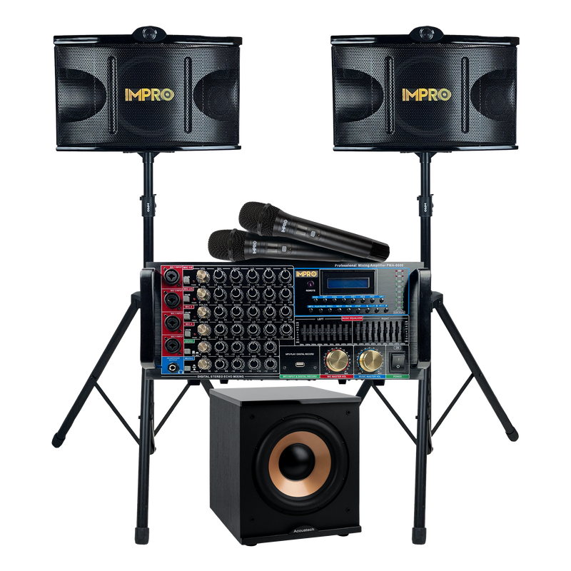 ImPro Epic Party Bundle 1 Plus with Mixing Amplifier, Speakers, Subwoofer, Microphones, and Accessories (6 Items)