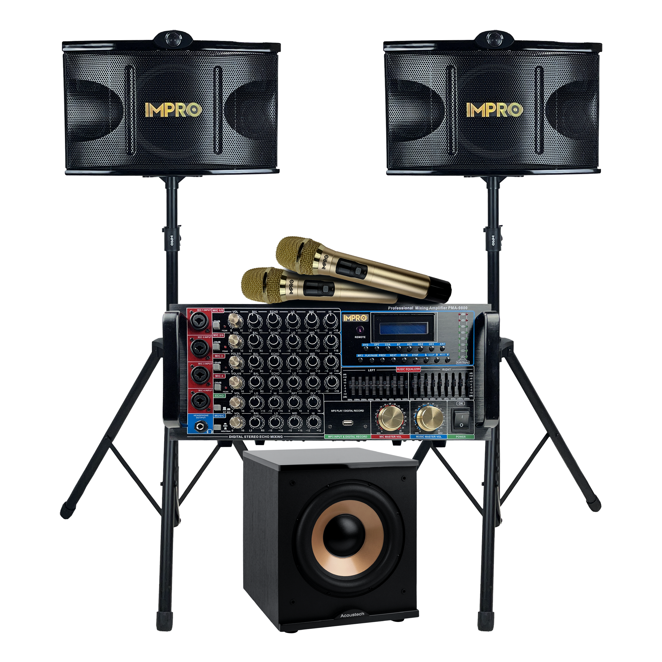 ImPro Epic Party Bundle 1 Plus with Mixing Amplifier, Speakers, Subwoofer, Microphones, and Accessories (6 Items)