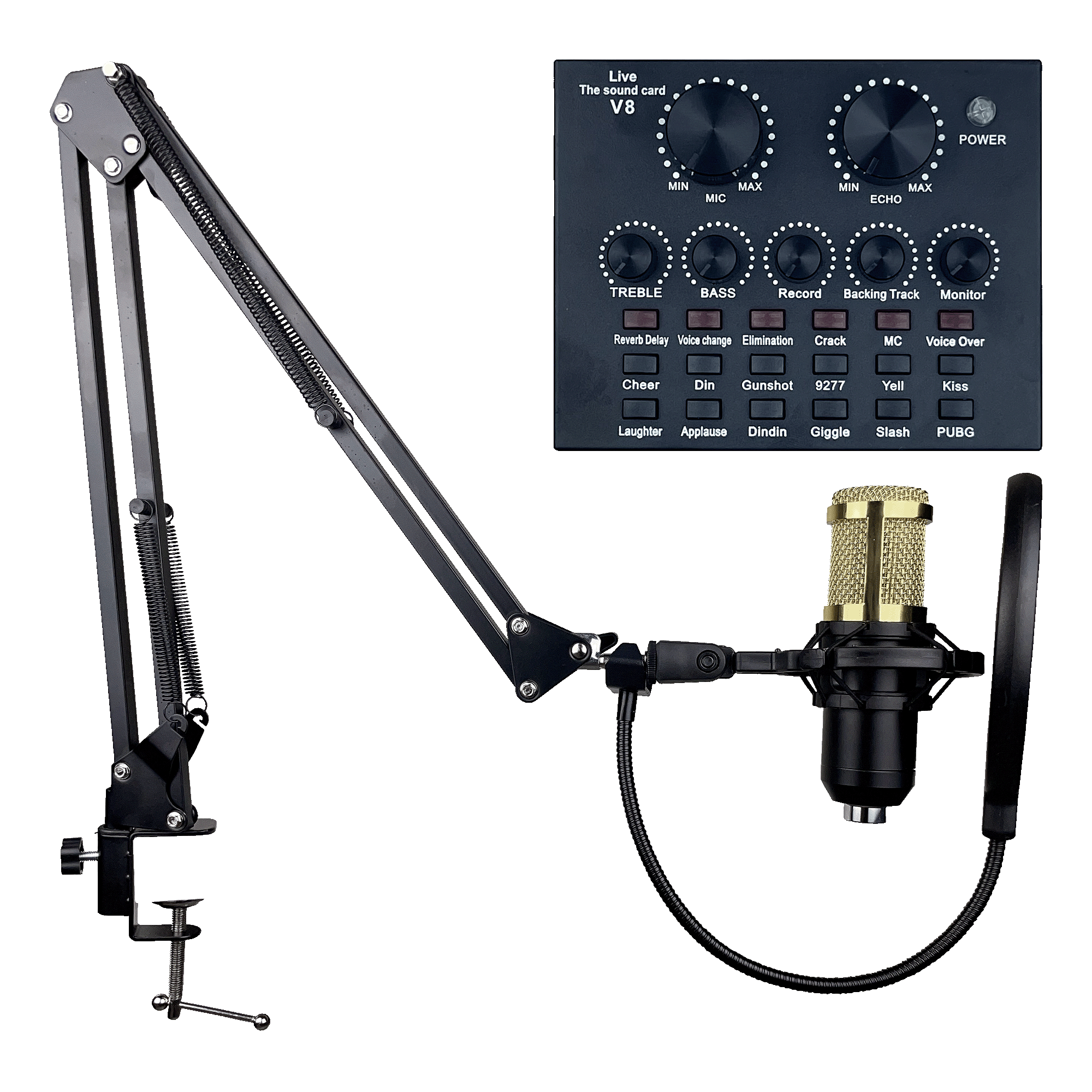 Condenser Microphone Streaming Kit w/ V8 Live Sound Card, Boom Arm, and Pop Filter.