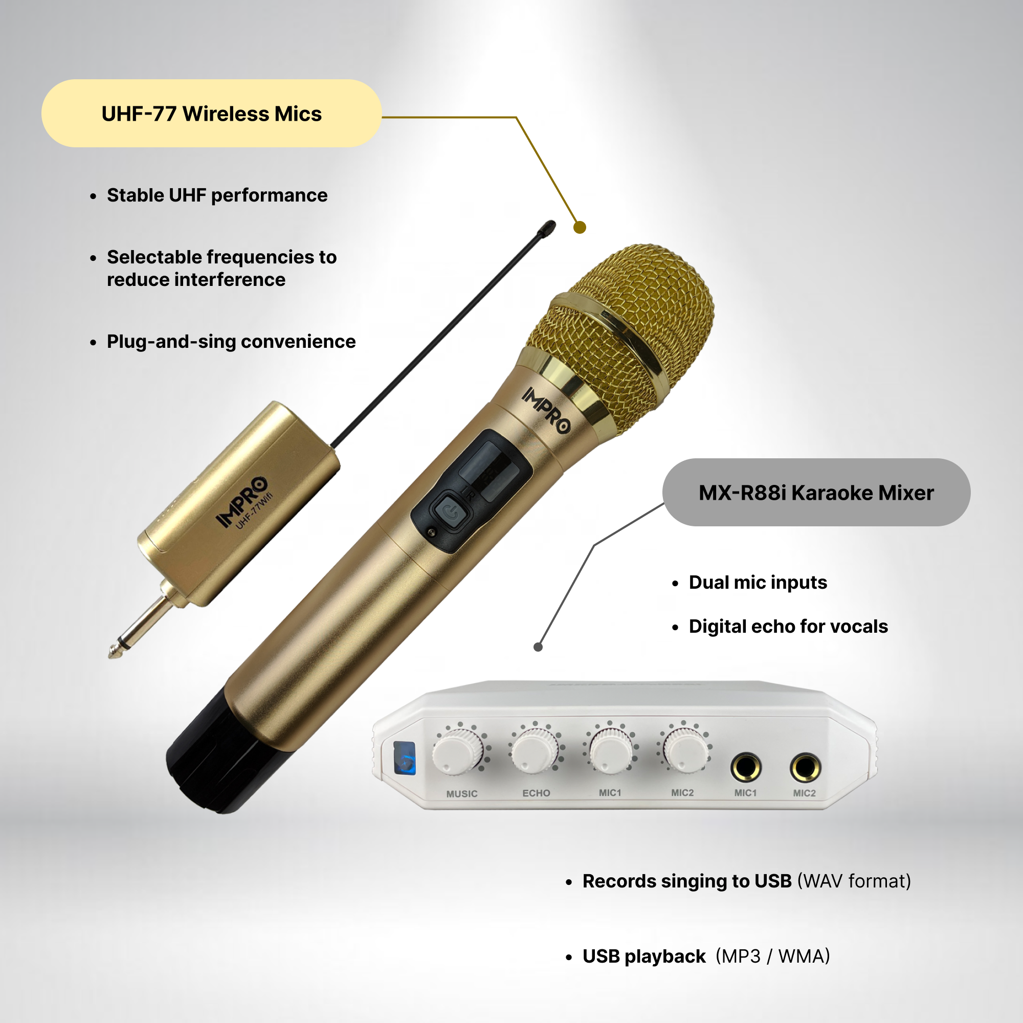 Karaoke Kickstart Bundle: ImPro UHF-77 Wireless Microphone & MX-R88i Compact Mixer