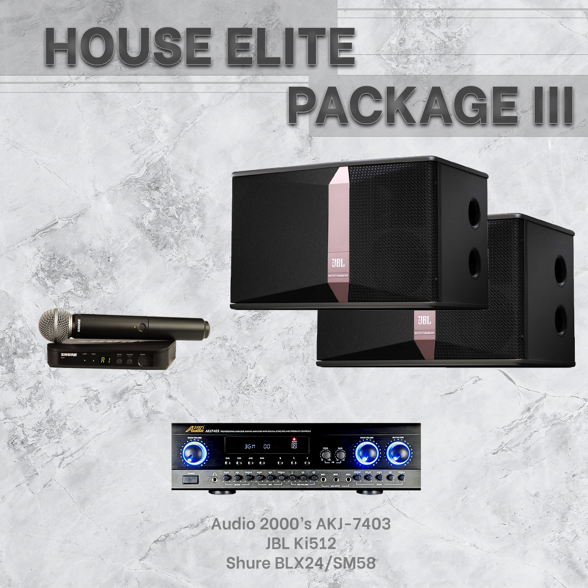 House Elite Package #03: Audio2000's AKJ-7403 + JBL Ki-512 + Shure BLX Microphone System
