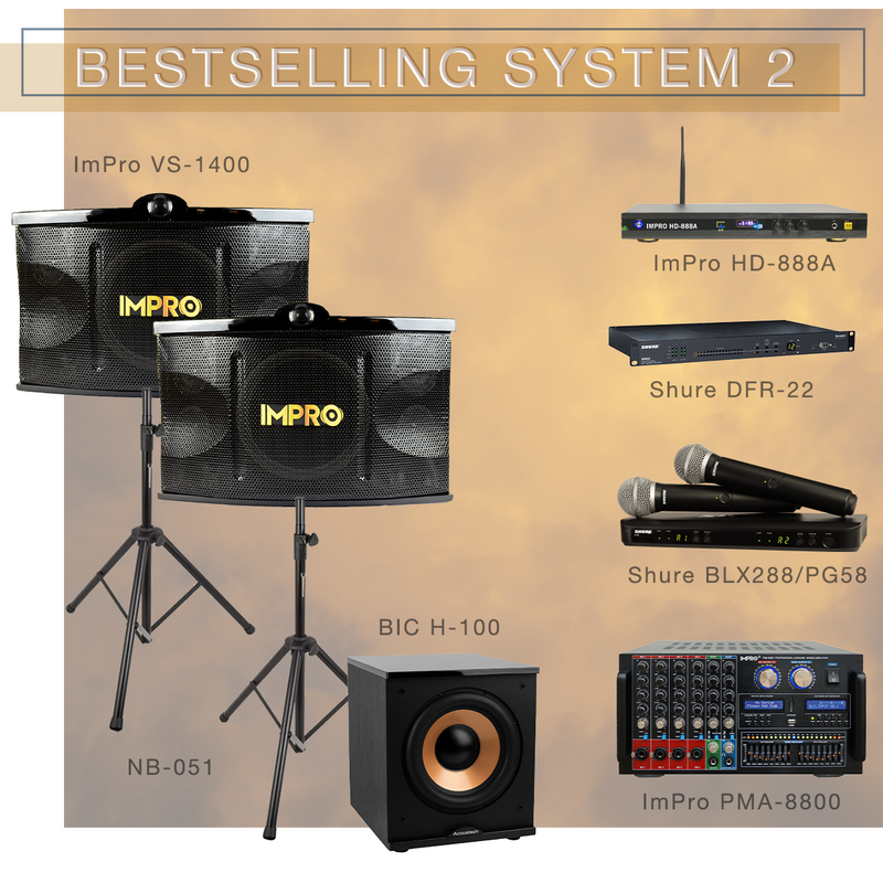 Gói Karaoke Star System 2 với Loa ImPro có Chân đế, Bộ khuếch đại Trộn, Đầu phát Karaoke và Micrô Shure