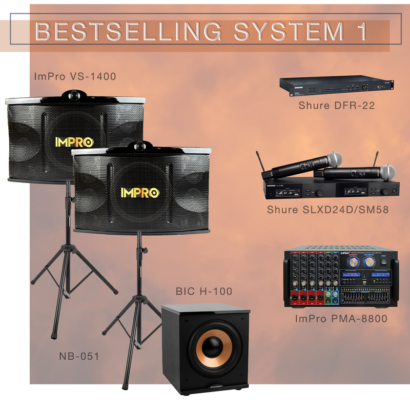 Best Selling System 1 Karaoke Package with ImPro Speakers with Stands, Mixing Amplifier and Shure Microphones
