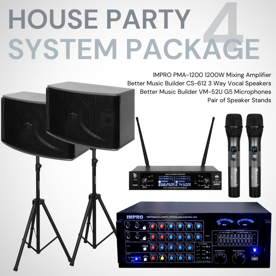 House Party Package #04: ImPro PMA-1200 + BetterMusicBuilder CS-612 G5 & VM-52U G5 Microphones + Stands