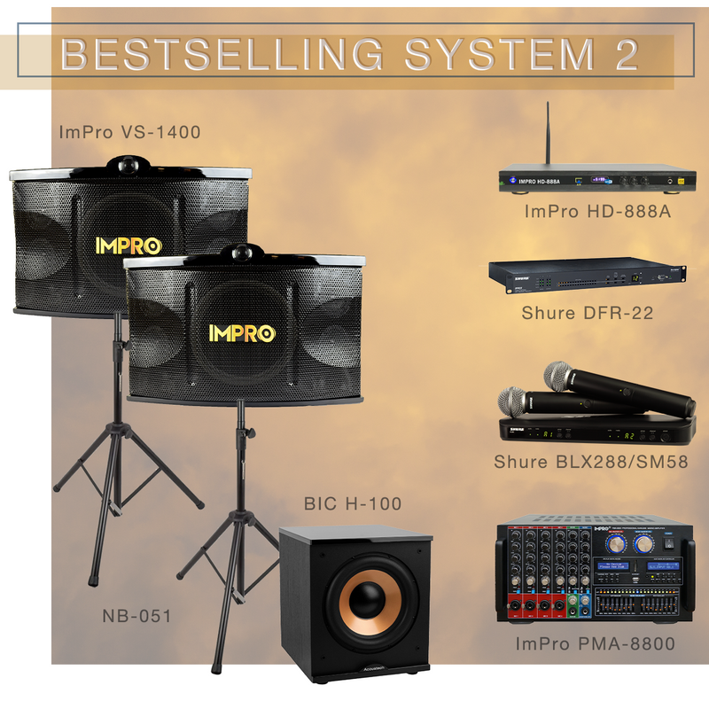 Best Selling System 2 Karaoke Package with ImPro Speakers with Stands, Mixing Amplifier, Karaoke Player, and Shure Microphones