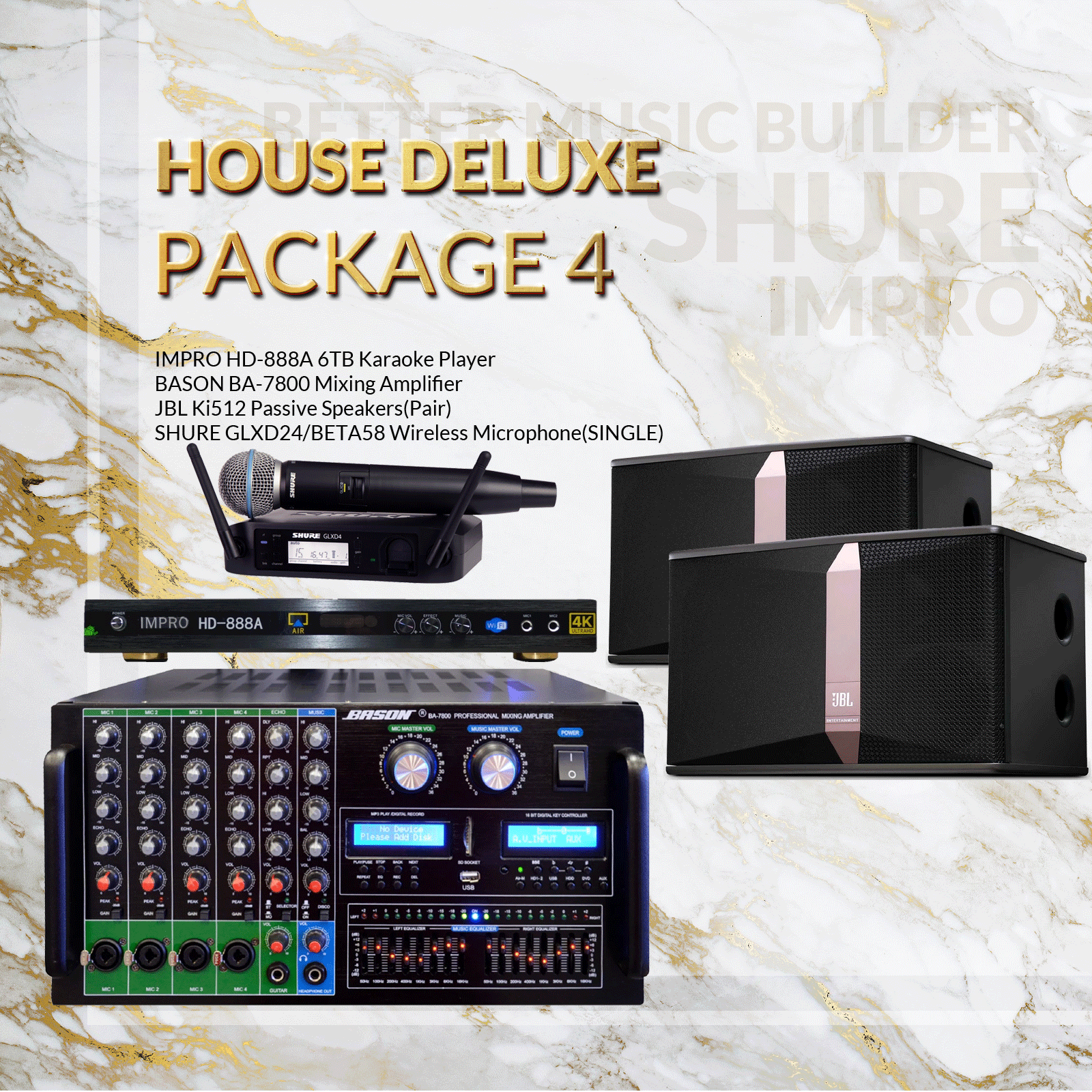 House DLX Package #04: Bason BA-7800 + JBL Ki512 + ImPro HD-888A + Shure GLXD Microphone System