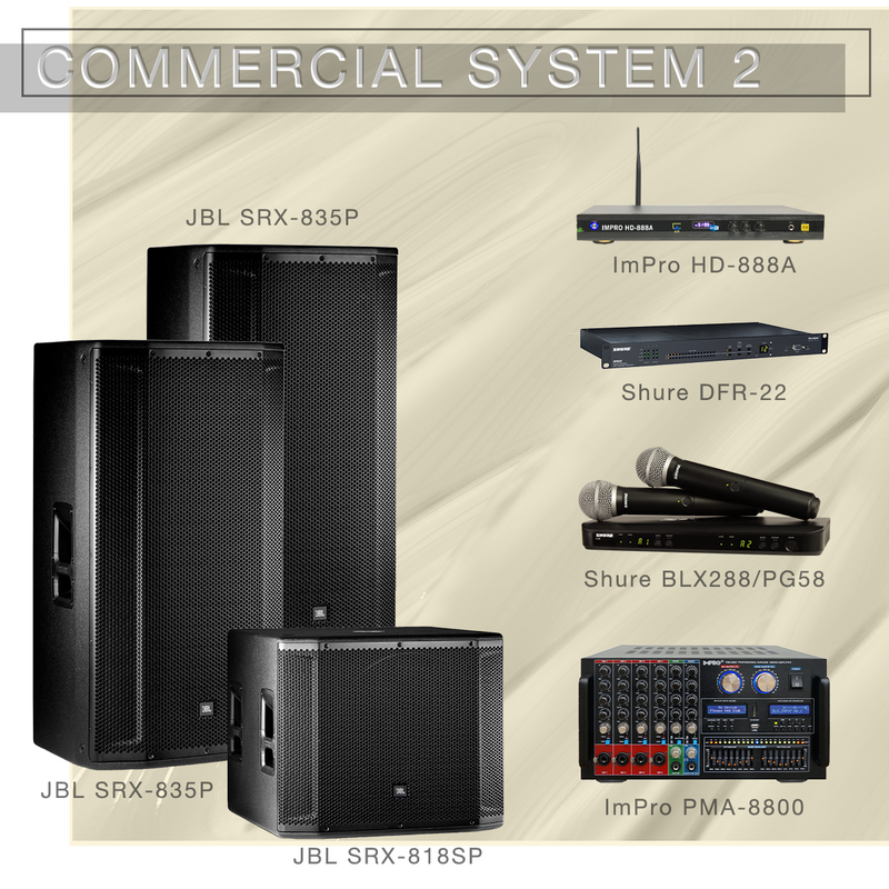 Commercial System 2 Karaoke System Package with JBL Speakers, Shure Microphones, and Karaoke Player