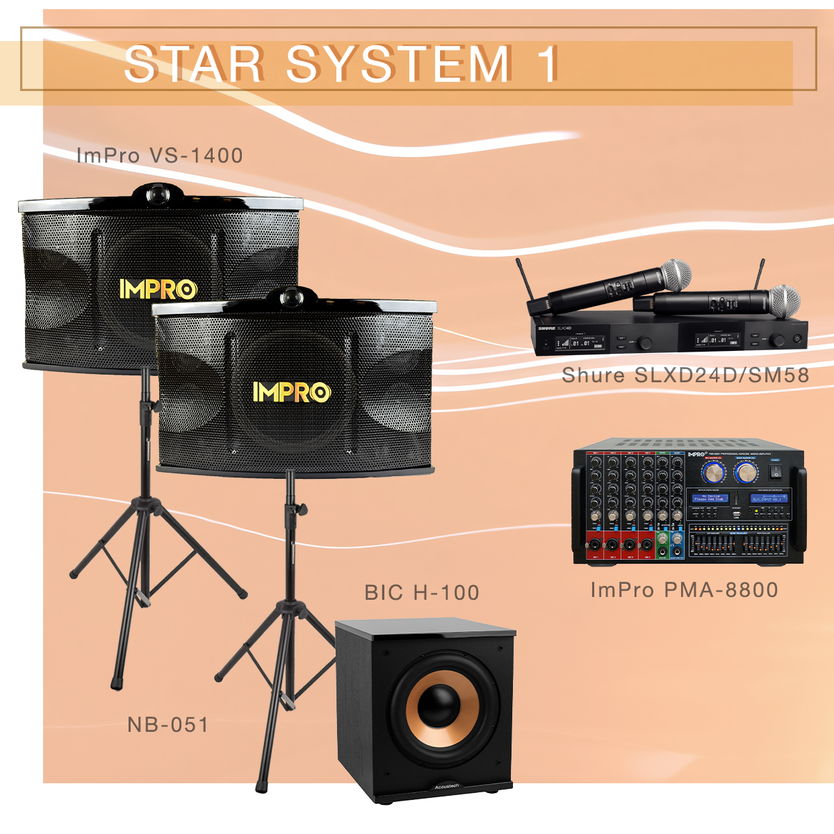 Star System 1 Karaoke Package with ImPro Speakers with Stands, Mixing Amplifier, and Shure Microphones